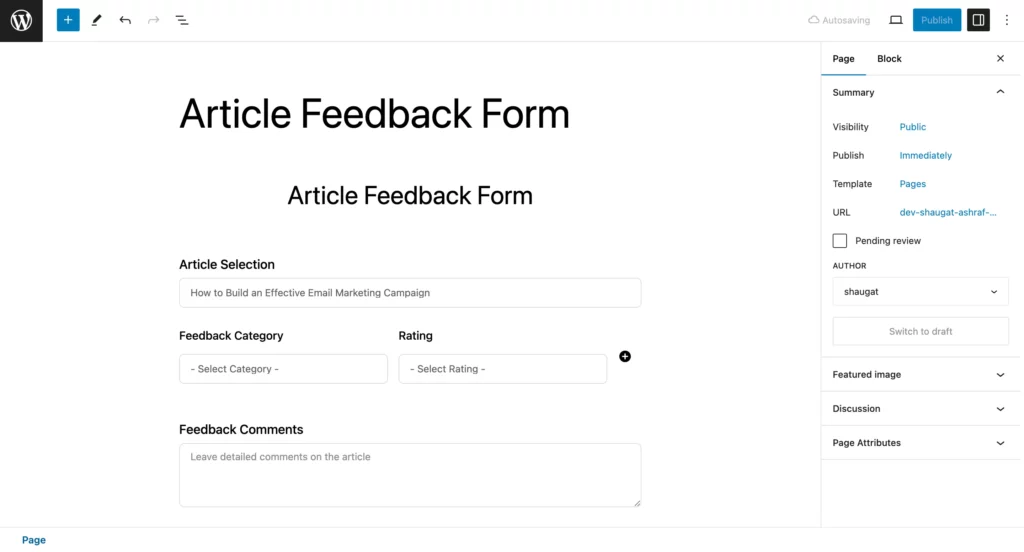 Publishing the form using the Gutenberg form editor